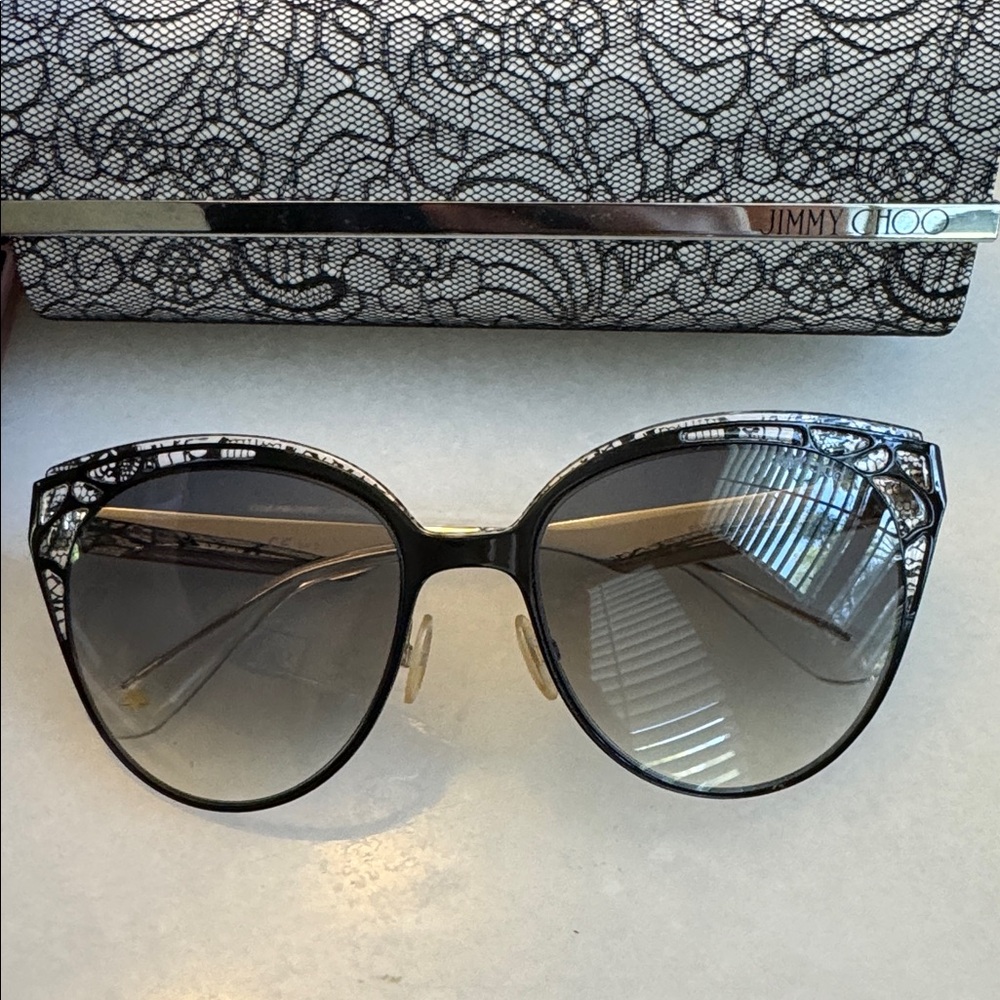 Jimmy Choo Lace Estelle/S Envy Black Cat-Eye Sunglasses with lace case